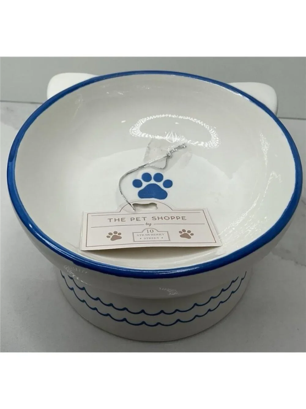 Elevated Cat Bowl 10 Strawberry Street White Blue Ceramic Food Water Dish New